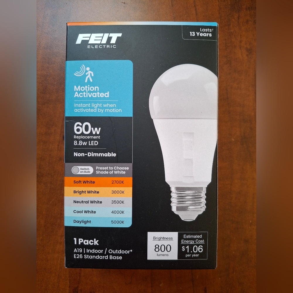 Feit LED Motion Activated Bulb Adjustable Color A19 E26 (Medium)